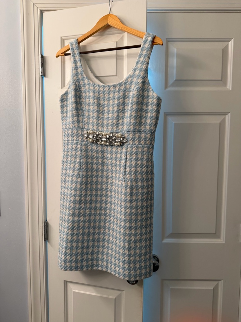 Boston Proper Light Blue and White Houndstooth Jeweled Waist Sheath Dress